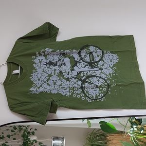 Bike Babe Gas Mask Floral Screen Print Art T-Shirt, Green, Small